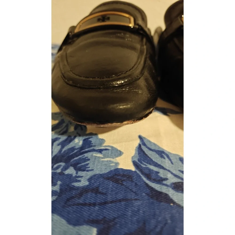 Tory Burch Georgia Backless Loafer Flats Mules Black Gold Logo Sz 10.5 M